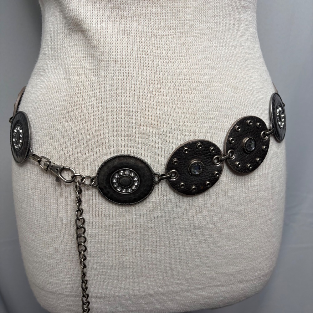 Antique Silver Medallion Chain Belt Rhinestone Boho Western Adjustable 43 inch